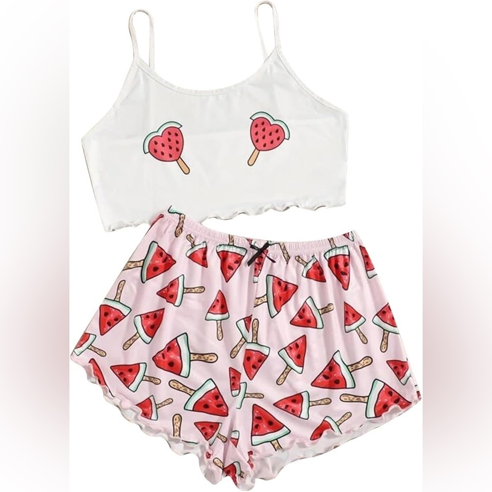 Shein White and Pink Watermelon Print Sleepwear Set Size Small
